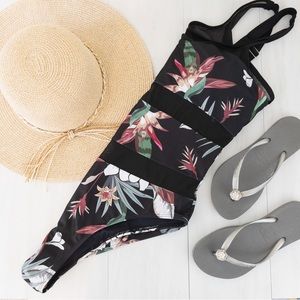 beachsissi • Tropical Print One Piece Swimsuit with Mesh Inserts
